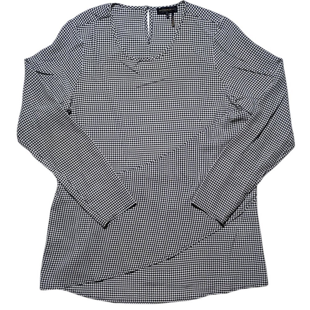 Donna Karan 100% Silk Houndstooth Blouse M Women’s Black White Long Sleeve